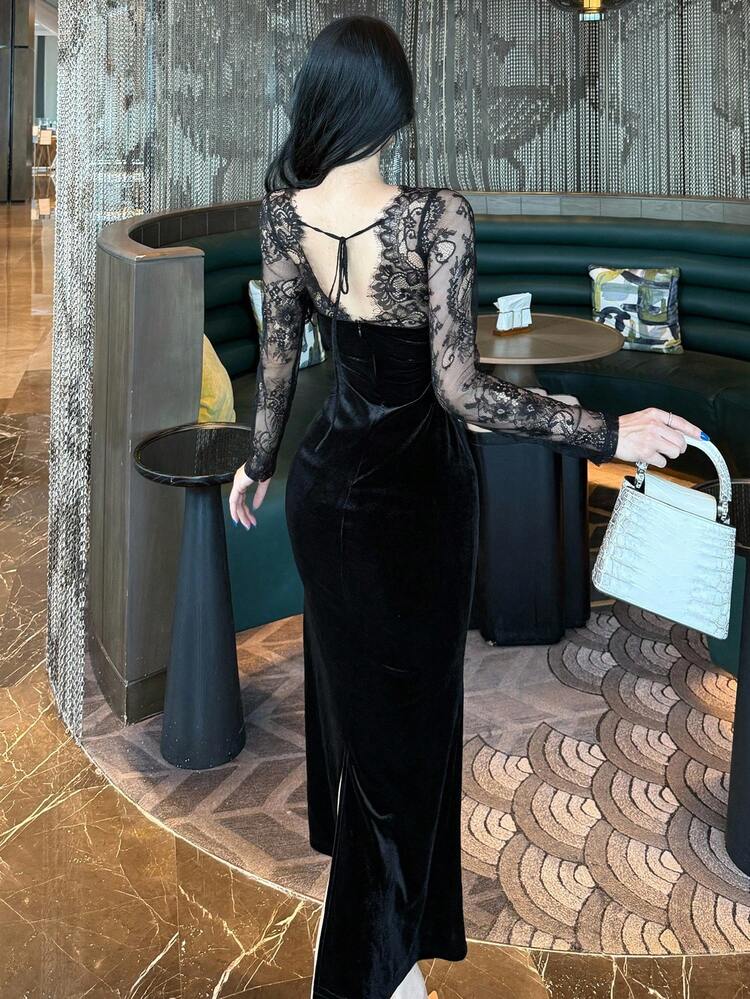 Women's Lace & Velvet Patchwork Long Sleeve Midi Party Dress Sundress