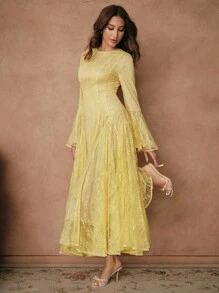 SHEIN Unity 优雅圆领蕾丝拼布修身女式连衣裙 - Butter Yellow - 查看 6