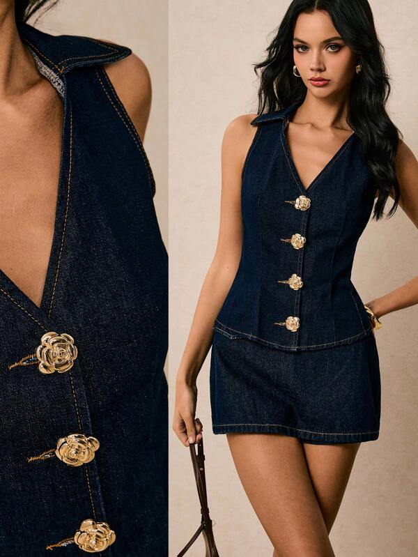 Vintamour Nueva blusa sin mangas de mujer con solapa y botón de metal, top azul oscuro, ropa de otoño, ropa de oficina para mujer, atuendo de cumpleaños, top de salida para mujer, ropa de maestra