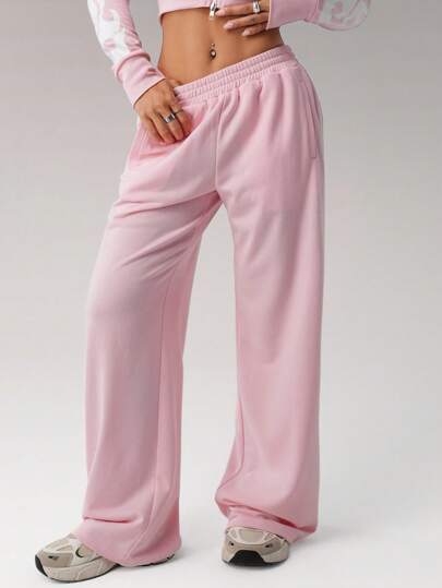 SHEIN ICON Pink Wide-Leg Knitted Sweatpants With Pockets Extra Long For Casual Comfort