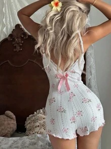 CottageSlumber 花卉印花蝴蝶结装饰露背可爱舒适连体睡衣 - 白色 - 查看 2