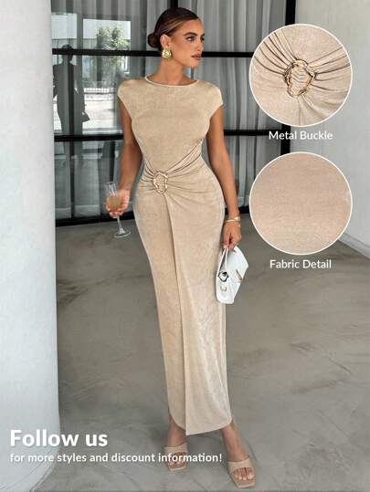 Lavishia Summer Apricot Shiny Ice Silk Round Neck Short Sleeve Stylish Metal Decor Fitted Dress For Women Summer Dresses For Women Summer Outfits For Women Elegant Dresses For Women Women Party Dresses Women's Long Dresses Old Money Style Women Birthday Dresses For Women Cruise Outfits Women,Business Casual Woman