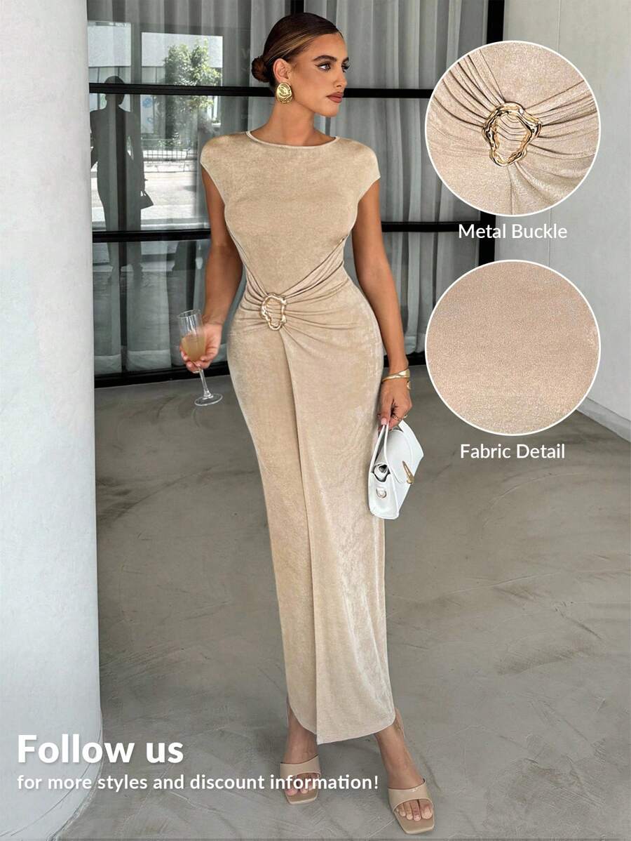 Lavishia 夏季杏色闪亮冰丝圆领短袖时尚金属装饰修身连衣裙女式夏装女式夏装女式夏装优雅女式连衣裙女式派对连衣裙女式长裙复古风格女式生日连衣裙女式邮轮装 - 杏色 - 查看 1