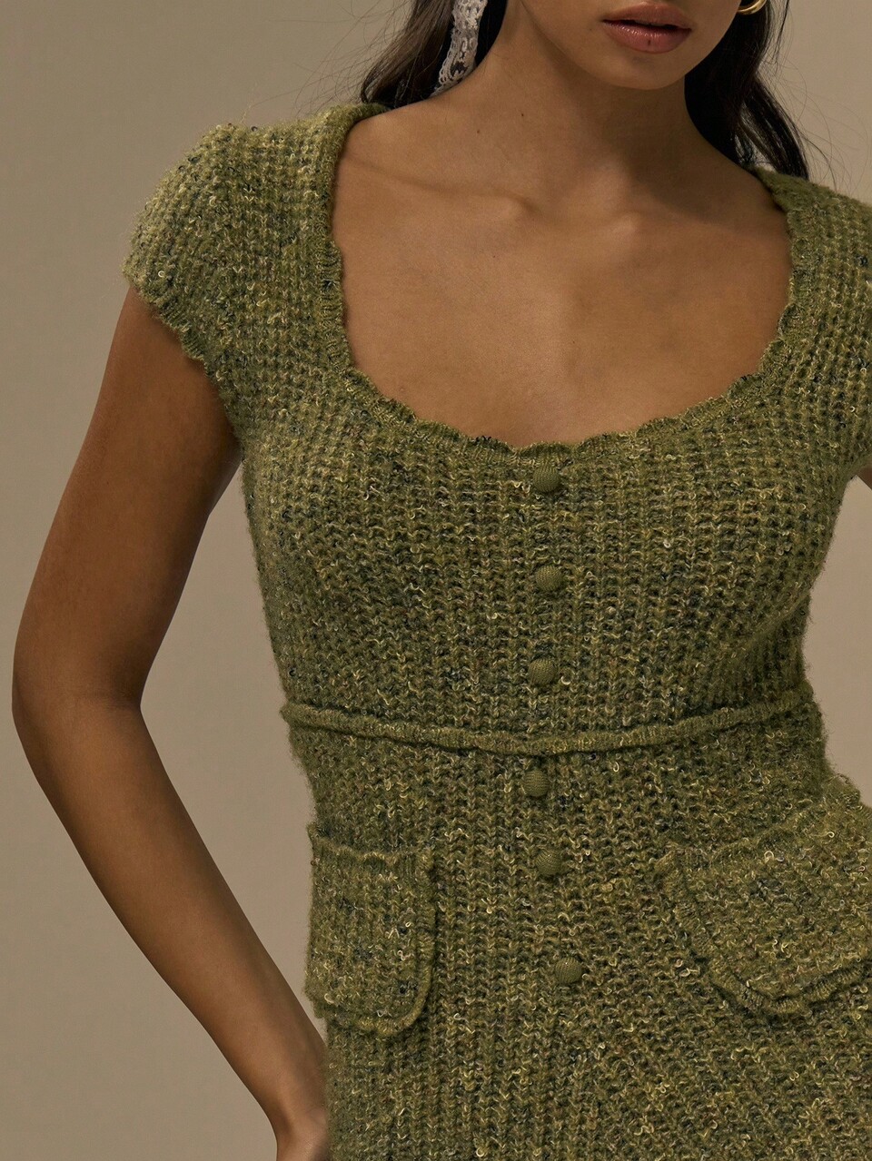 Olive Green Vintage Knit Button Down Playsuit,Autumn Brunch Scoop Neck Fitted Streetwear,Elegant Party Farmhouse Country Winter Evening Holiday