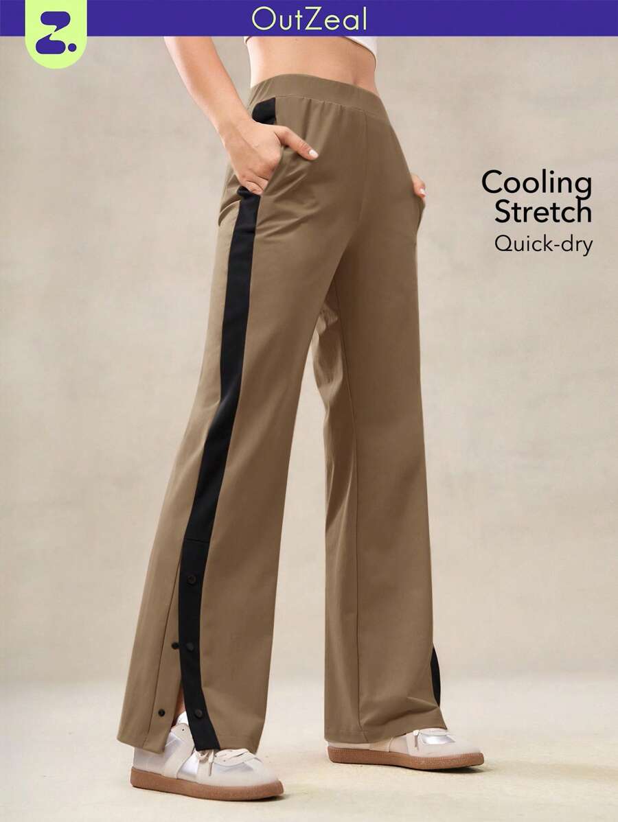 OutZeal Pantalon large à fente latérale avec blocs de couleurs stretch et toucher frais, pour un usage quotidien et décontracté pour femmes - Tabac - Voir 1