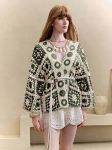 Revavyn 女士刺绣开衫、钩针针织毛衣、外套 - 墨綠色 - 查看 6