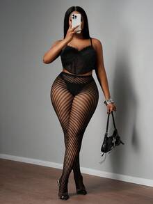 Slaydiva Plus Size Women Elastic Waist Striped Mesh Leggings Plus Size Hosiery Curve Tights Curvy Tights Plus Size Patterned Tights Plus Size Tights Halloween Curve Plus Plus Size Co Ords