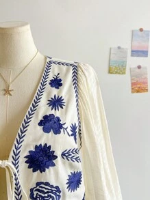 Soleia Áo khoác vest dài tay vải lanh thêu màu xanh dành cho nữ cỡ lớn - Nhiều màu - Xem 4