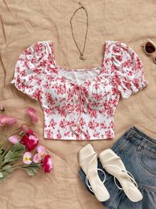 Soleia 大码女式浪漫花卉印花甜心领泡泡袖荷叶边系带上衣 - 彩色 - 查看 5