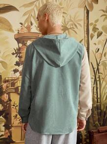 SWAVVY Loose Fit Men's Color Block Patched Pocket Hooded Corduroy Shirt (Shirt Only), For Fall Winter - Blue - View 2