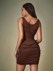 Shutterstock Glamance Super Short Fitted Casual Pleated Dress Brown Bodycon Dress Coffee Brown Mini Dress Brown Ruched Dress Brown Dress Coffee Brown Dress Party Dress