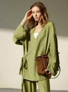 Aveloria Modichic 2pcs Women's Casual Loose Linen Feel Wrap V-Neck Long Sleeve Top And Pants Set