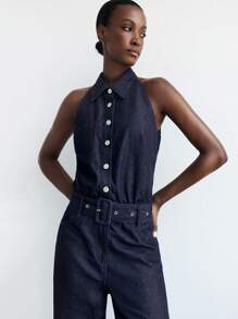 Maija 时尚休闲百搭纽扣无袖女式牛仔连体裤