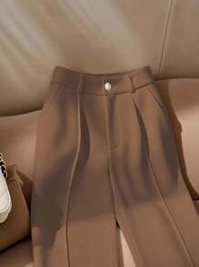 Franclia 女士白色优雅直筒办公裤 - 巧克力棕 - 查看 3