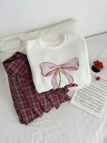 Tween Girls Hoodie & Sweatshirt Co-Ords, Cherry Bow Cute Pattern Sweatshirt, Plaid Red Pleated Mini Skirt Cherry Print Sweatshirt Plaid Skirt 2 Piece Skirt Set Teen Girl Clothes Back To School Outfit Two Piece Kids Set Skirt Plaid Teen School Clothes 2 Piece Set Cherry Girls Clothes Young Girl Summer Plaid Skirts Bow Knot Set Back To School 2 Piece Set/Activities/Autumn/Winter/Halloween,Glowmode,Fall,Christmas/Holiday/Festival/Winter - Red and White - View 2