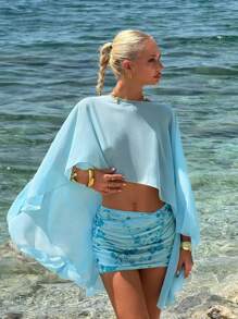 SHEIN ICON Women's Blue Loose Vacation Casual Shawl Top With Multi-Wear Style, Asymmetric Neckline, Open Back, And Tie Strap - Blue - View 8