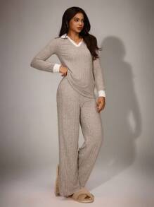 Lazeform Contrast Color Collar Casual Ribbed Women Home Lounge Set Cozy Outfit, Fall Winter Clothes - Multicolor - View 5