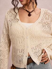 Freevana 大码女式纯色镂空长袖单排扣针织开衫 - 杏色 - 查看 5