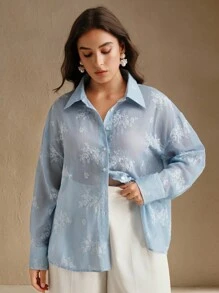 Anewsta Elegant Lace Patchwork Embroidery Striped Long Sleeve Shirt For Women, Hollow Back Design, Lightweight Sun Protection Top For Summer - Baby Blue - View 3