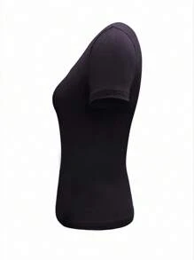 SHEIN EZwear 女士纽扣门襟纯色短袖休闲短款 T 恤 - 淺灰紫 - 查看 4