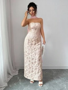 Elenzga Women's Elegant Romantic Pink & Gold Floral Jacquard Fabric Strapless Waist-Cinched Straight Hem Dress With Neck Tie, Suitable For Dates, Shopping, Music Festivals And More, Spring/Summer - Pink - View 4