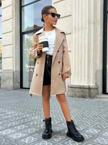 SHEIN 少女翻领双排扣系带腰带口袋休闲风衣，卡其色风衣，带口袋和系带腰带，休闲学院风，适合日常穿着，通勤穿着，秋冬季卡其色风衣 - 卡其色 - 查看 3