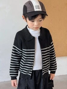 SHEIN 男童休闲黑白条纹前拉链针织夹克 - 黑與白 - 查看 1