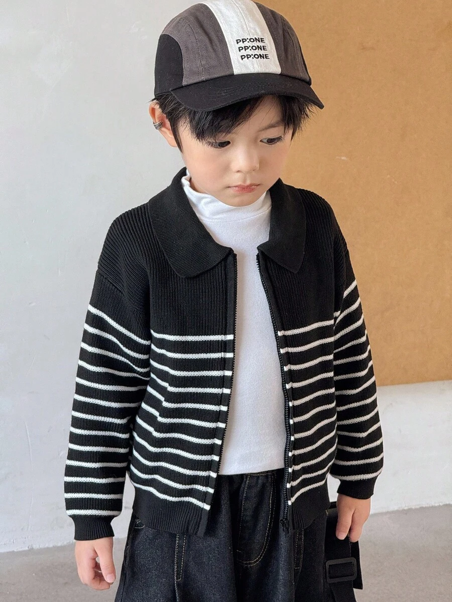 SHEIN 男童休闲黑白条纹前拉链针织夹克 - 黑與白 - 查看 1