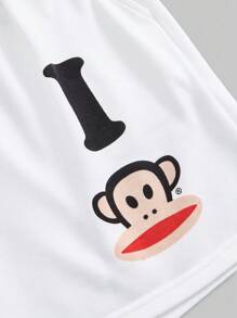 Paul Frank X ROMWE 女士休闲字母和猴子印花松紧腰短裤，夏季 - 白色 - 查看 3