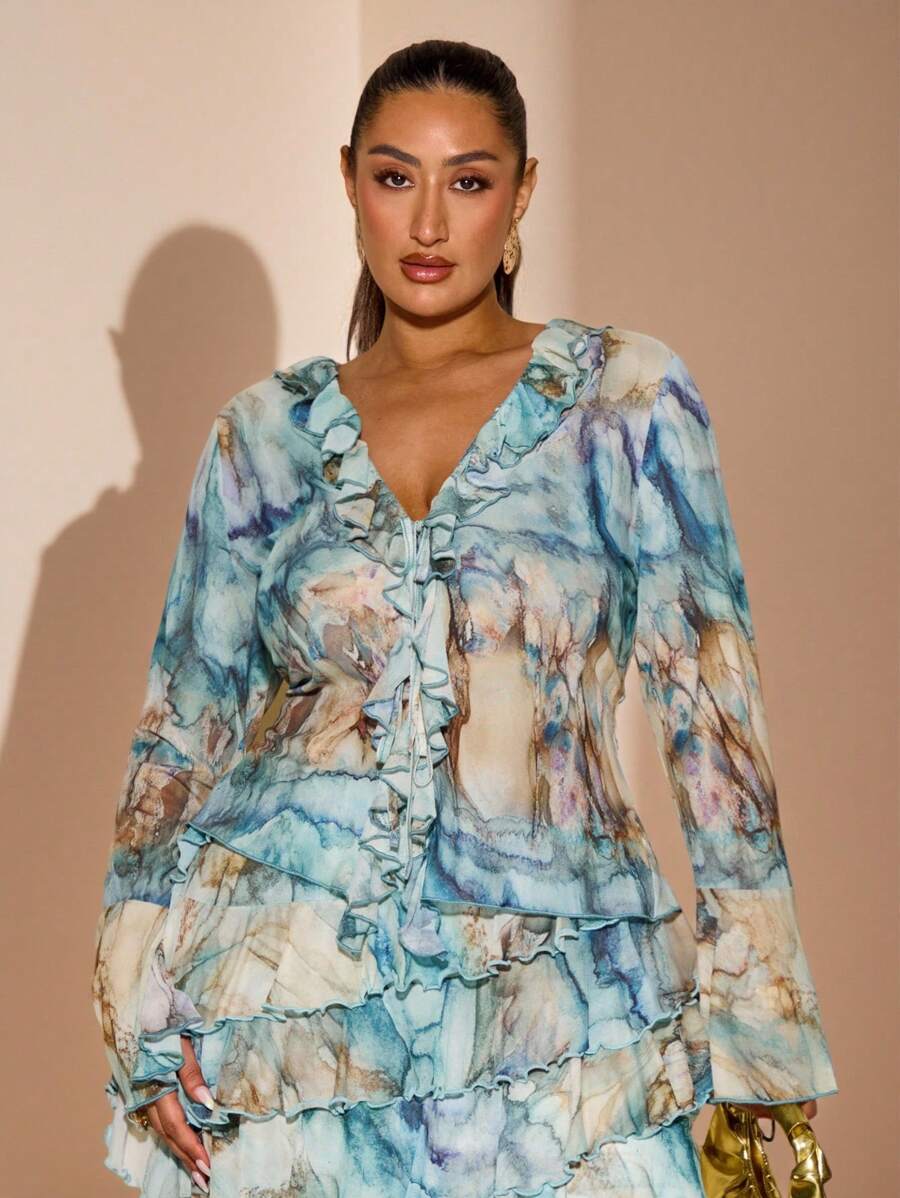 SHEIN BAE Plus Size Women Flounce Marble Print Long Sleeve Sheer Blouse, Elegant Casual Vacation Tops/Long Sleeve Top/Summer Top/Fall Wedding Guest Top Curve/Club Women Sexy/Teacher Plus Size/Halloween Plus Size/Halloween/Airport/Western/Back To School/Birthday Top For Women/Plus Size Top/Holiday/Rave,Fall - Blue - View 1