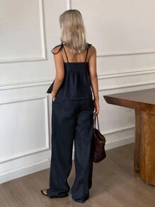 Livesso V领吊带背心和阔腿裤套装，优雅 - 深色水洗藍 - 查看 6