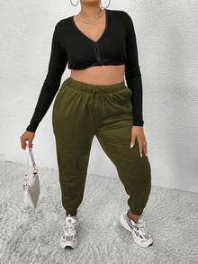EMERY ROSE Plus Size Solid High Waisted Drawstring Hem Cargo Pants - Green - View 9