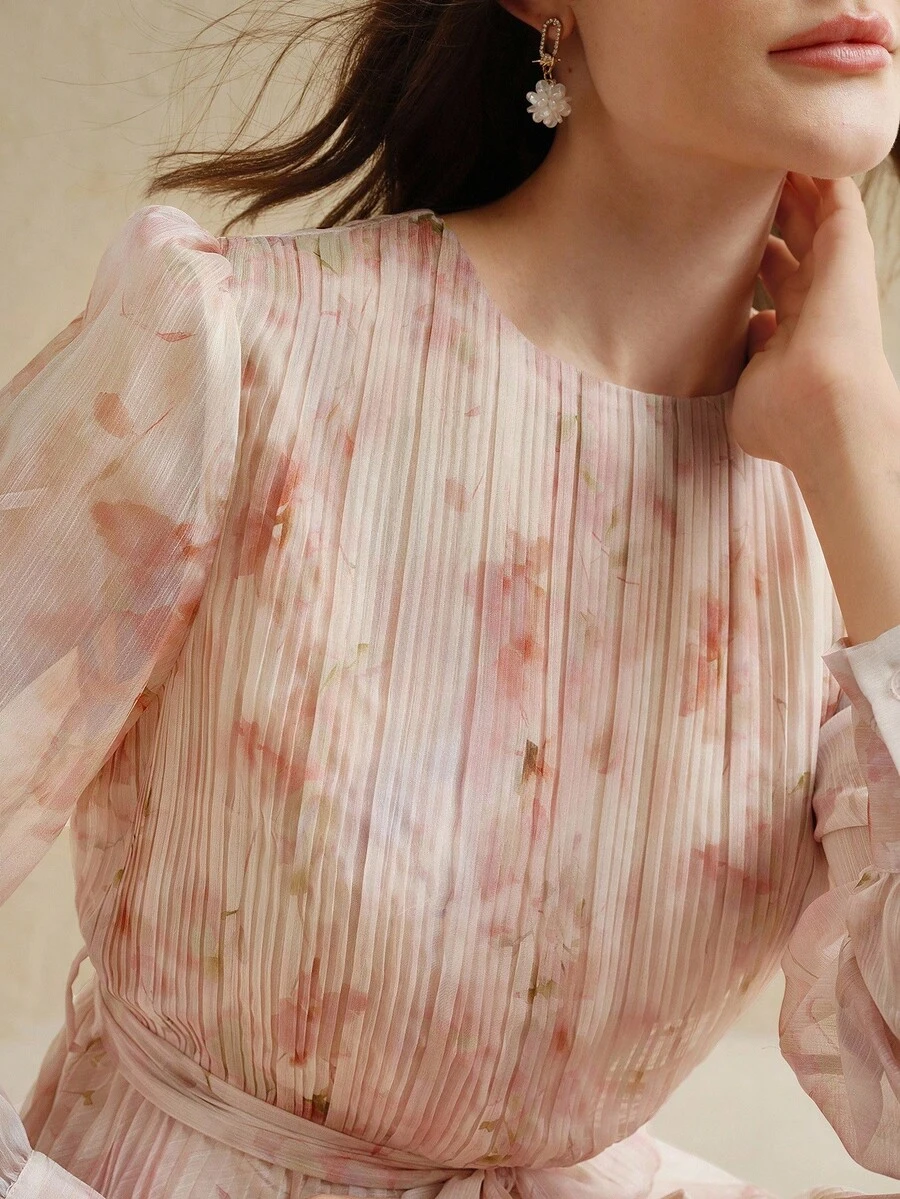 Anewsta New Elegant Pleated Round Neck Dress For Women - Baby Pink - View 1