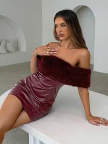 Aloruh Women's Ankara Red PU Patchwork Faux Fur Off Shoulder Fashionable Dress,Burgundy Short Dress,Wine Red Mini Dress,Halloween Costumes,Old Money Style,Christmas Dress,New Year Dress,Elegant Party Dress,Business Casual Woman,Fall Dresses For Women,Autumn Dress