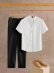 HIMLAND 2 piezas Conjunto casual de verano para hombres con camisa de manga corta de cuello vuelto y ajuste delgado - Multicolor - Ver 7