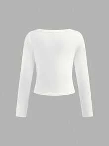 SHEIN Girlism 3件套少女休闲修身短款喇叭袖简约V领长袖T恤，黑/灰/白秋冬3件装上衣 - 彩色 - 查看 5