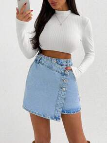 EURMUSE WOMEN MINI SKIRT SNOW WASH BUTTON DETAIL PETITE - Light Wash - View 6