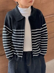 SHEIN 男童休闲黑白条纹前拉链针织夹克 - 黑與白 - 查看 5