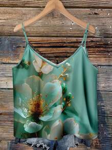 EMERY ROSE 大码女式休闲印花V领蕾丝边吊带背心套装，适合度假，大码夏季服装绿色印花蕾丝吊带背心，适合外出 - 彩色 - 查看 12