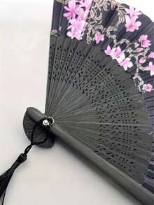 1pc Stylish Lightweight Handheld Fan Bamboo Folding Hand Fan With Botanical Theme - Elegantly Crafted Wooden Fan With Tassel, Classic Retro Design, Suitable For Graduation Gift, Home Decoration, Bamboo Art Ornament, Dance Stage Performance - Creative Anime Themes And Gifts