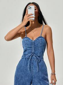 SHEIN EZwear 女式抽绳宽松连体裤搭配阔腿牛仔背带裤 - 深色水洗藍 - 查看 4