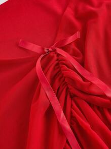 SHEIN MOD 大码圆点网眼蝴蝶结泡泡袖荷叶边下摆衬衫 - 紅色 - 查看 3