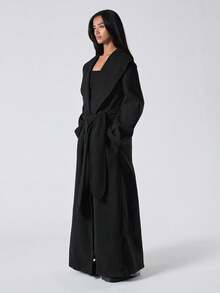 SHEIN EZwear 大码休闲翻领纯色简约长款大衣 - 黑色 - 查看 4