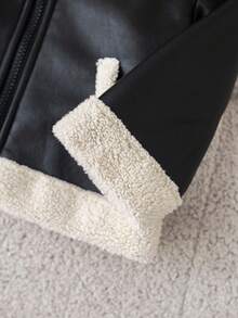 TaviRue 婴儿/男婴/女婴棉衣，冬季外套，PU 皮大衣，羊毛加厚秋冬装，拼接撞色黑色 PU 皮革摩托车夹克，舒适日常百搭时尚休闲复古风格，适合室内、户外、日常、运动、玩耍、派对、拍照、节日、万圣节、圣诞节、新年