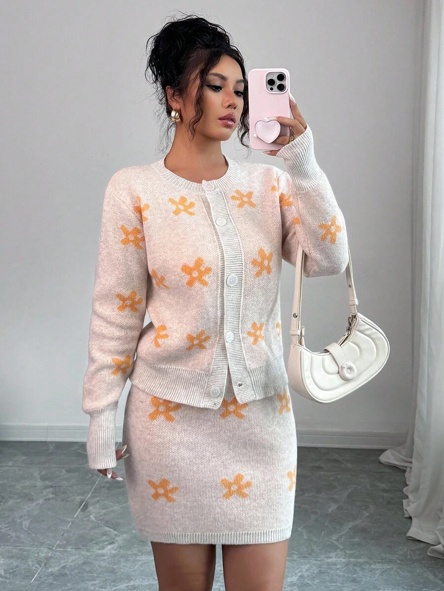 Elenzga 2pcs Women's Elegant Knit Sweater Set, Fashionable Loose Fit Cardigan And Skirt Fall Winter Cloth For Women - Multicolor - View 1