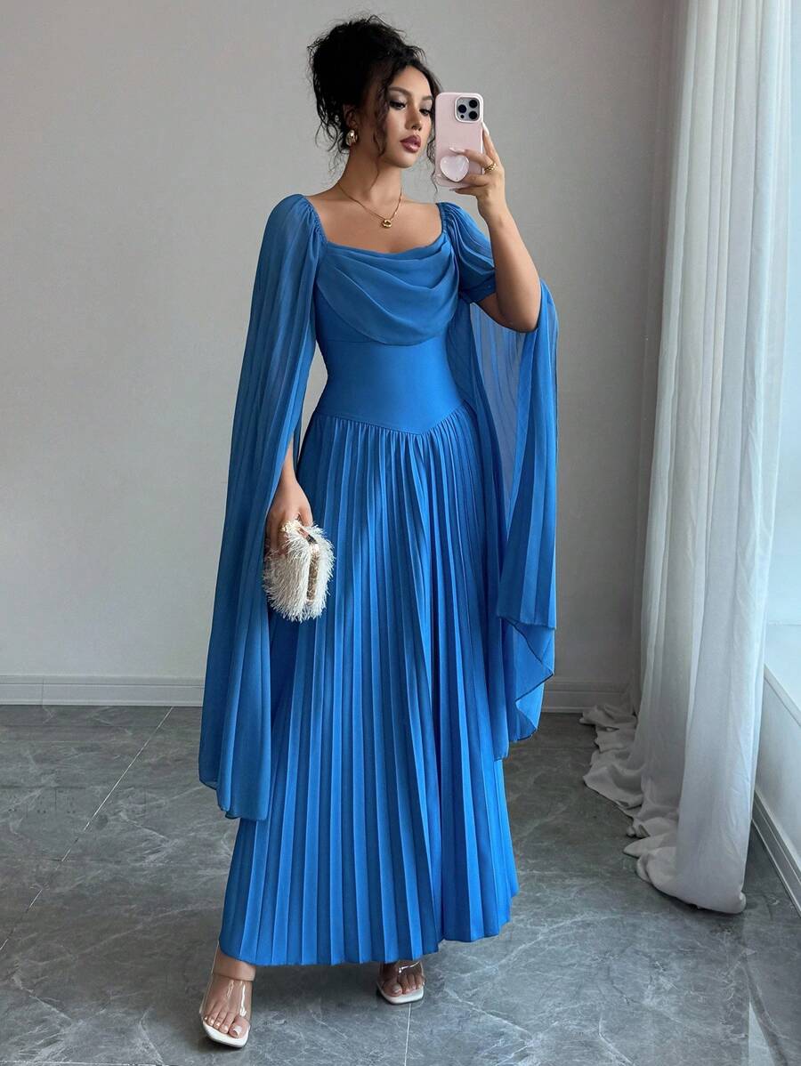Elenzga 女士优雅百褶中长连衣裙，适合约会和度假 - 藍色 - 查看 1