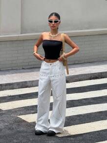 SHEIN EZwear Quần ống rộng túi đính hạt thường ngày cho nữ - trắng - Xem 3