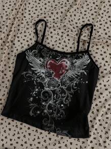 Attitoon 3 件套女式朋克十字架和翅膀印花背心，适合夏季，蝴蝶爱翼，Y2K 哥特风格，复古垃圾摇滚，朋克，返校，可爱的夏季上衣 - 彩色 - 查看 5