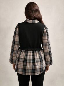 Zelara 加大码格子灯笼袖针织撞色缝线休闲宽松衬衫，办公室服装 - 彩色 - 查看 2