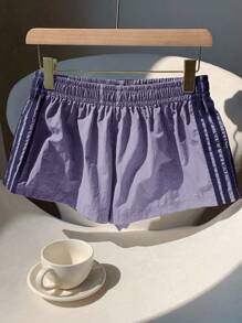 Comfortcana 女士侧条纹松紧腰宽松休闲短裤，夏季 - 紫色 - 查看 5